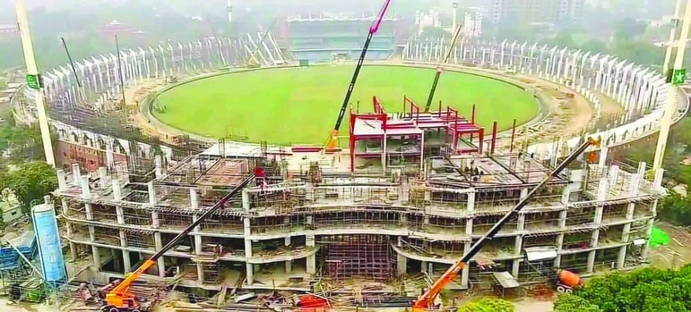 An aerial TV grab of the construction going on at the Qaddafi Stadium in Lahore. 