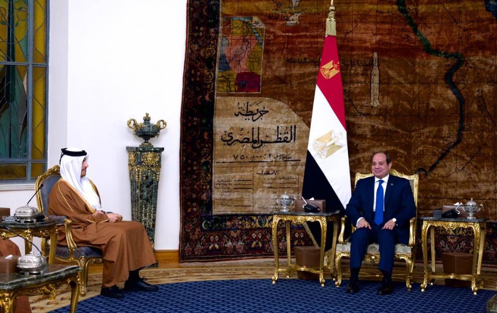 The President of the Arab Republic of Egypt Abdel Fattah El Sisi meets with HE the Prime Minister and Minister of Foreign Affairs Sheikh Mohammed bin Abdulrahman bin Jassim Al-Thani.