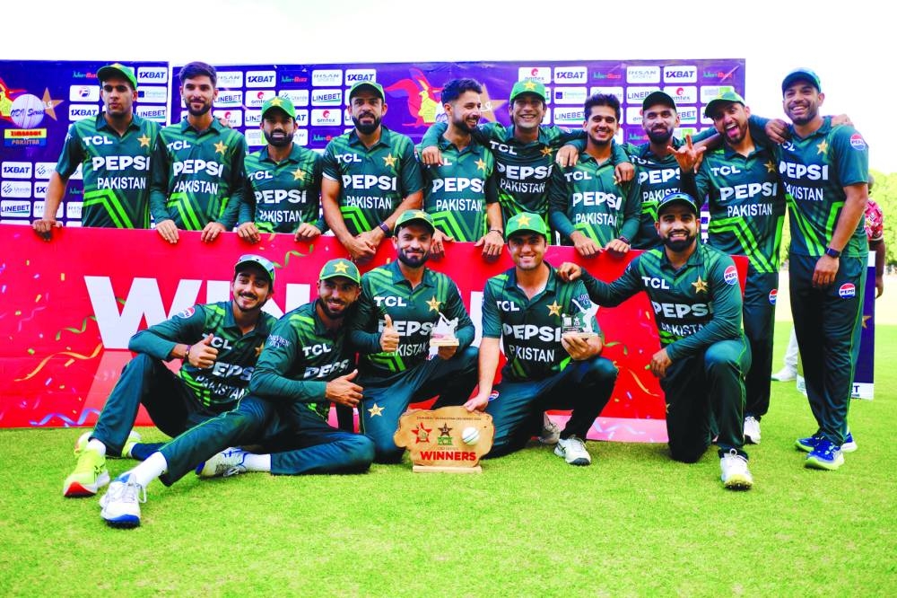 Pakistan players after beating Zimbabwe in the third and final ODI in Bulawayo on Thursday. Pakistan won the three-match series 2-1. 
(@TheRealPCB)