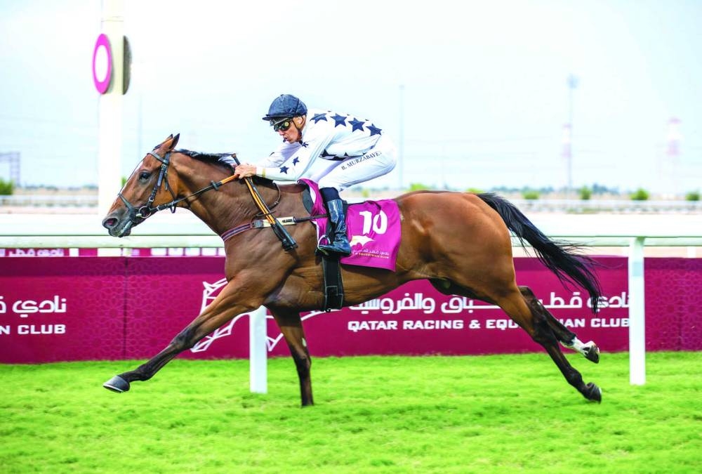 Jockey Bauyrzhan Murzabayev guides Toromona to Al Ghashamiah Cup victory at the Al Uqda Racecourse on Thursday. PICTURE: Juhaim