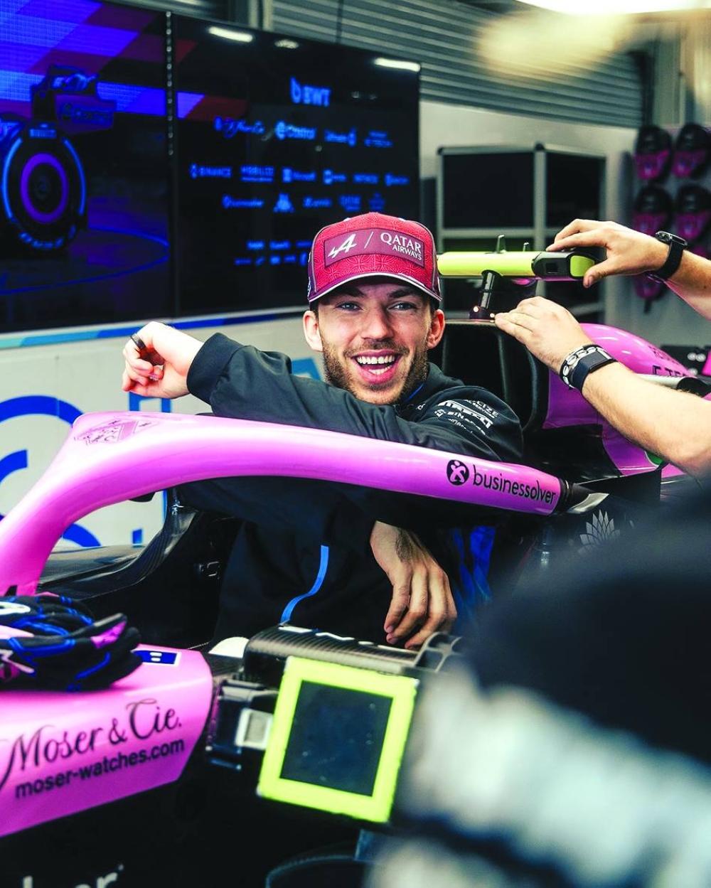 French driver Pierre Gasly is all smiles at the Alpine garage on Thursday.
