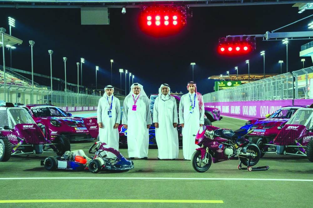 FROM LEFT: Executive Director of Qatar Motor and Motorcycle Federation (QMMF) and CEO of Lusail International Circuit (LIC) Amro al-Hamad, former rally champion Saeed al-Hajri, QMMF and LIC President Abdulrahman al-Mannai and QMMF General-Secretary Abdulrazaq al-Kuwari during the presentation of Qatar’s Motorsport Legacy at the Lusail International Circuit on Thursday.