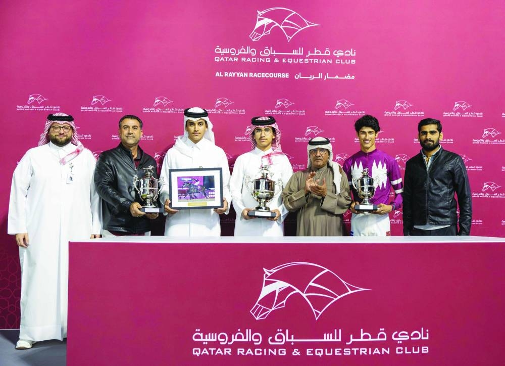Connections of Estoori celebrate after the five-year-old bay horse won the Bu Samrah Cup at Al Rayyan Racecourse yesterday.
