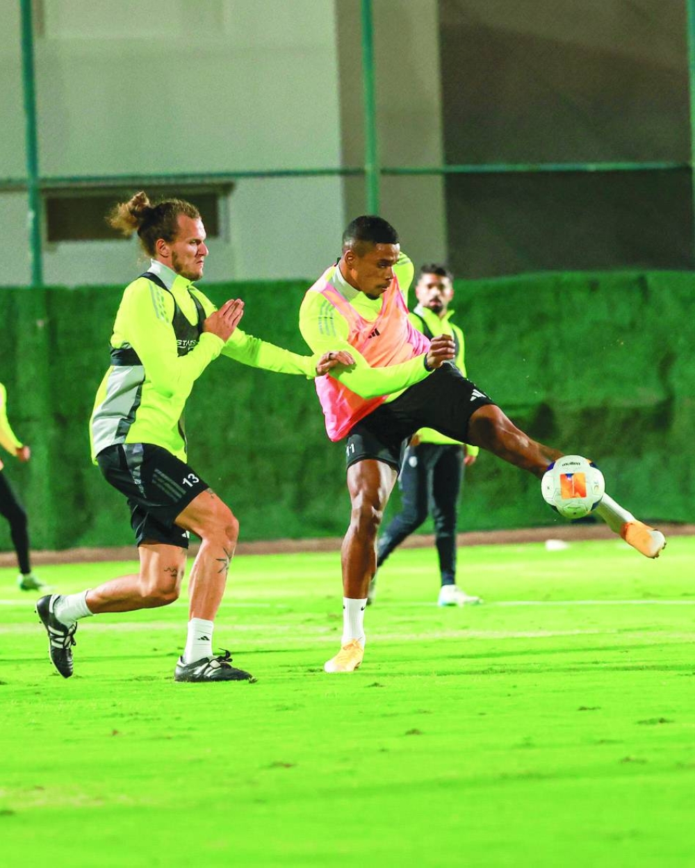Al Wakrah players train on Tuesday, on the eve of their match against Tajikstan’s FC Ravshan at Al Janoub Stadium.