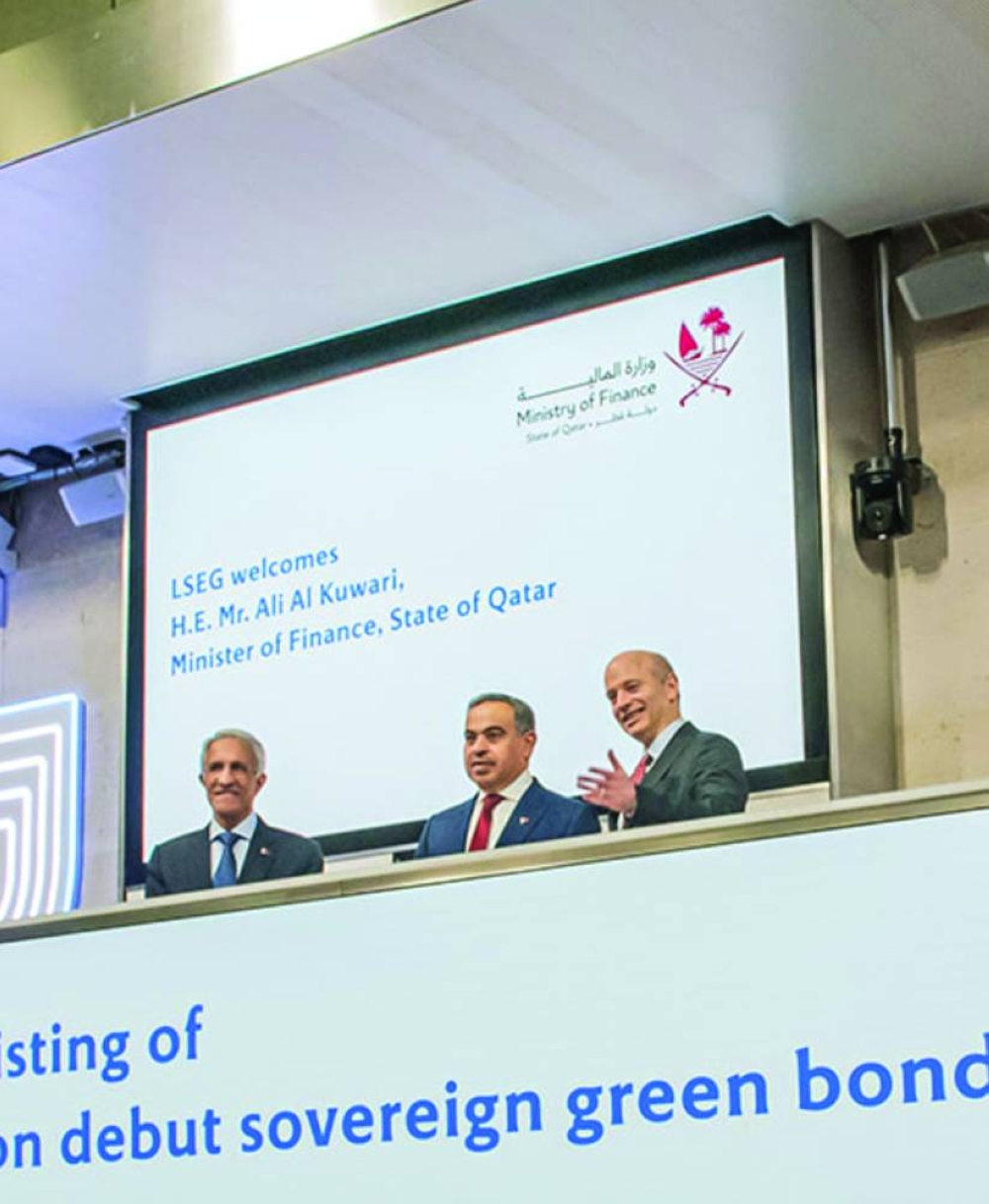 HE the Minister of Finance, Ali bin Ahmed al-Kuwari with Qatar's ambassador to the UK, Sheikh Abdullah bin Mohammed bin Saud al-Thani at the London Stock Exchange Thursday.