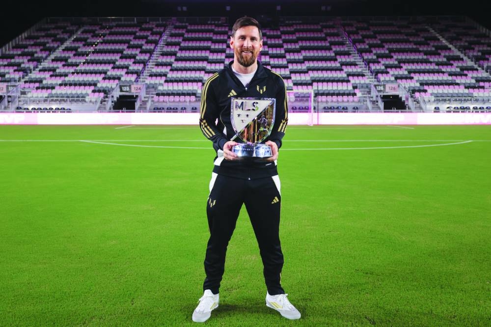 
Inter Miami’s Lionel Messi holds the Major League Soccer’s Most Valuable Player Award in Miami. 