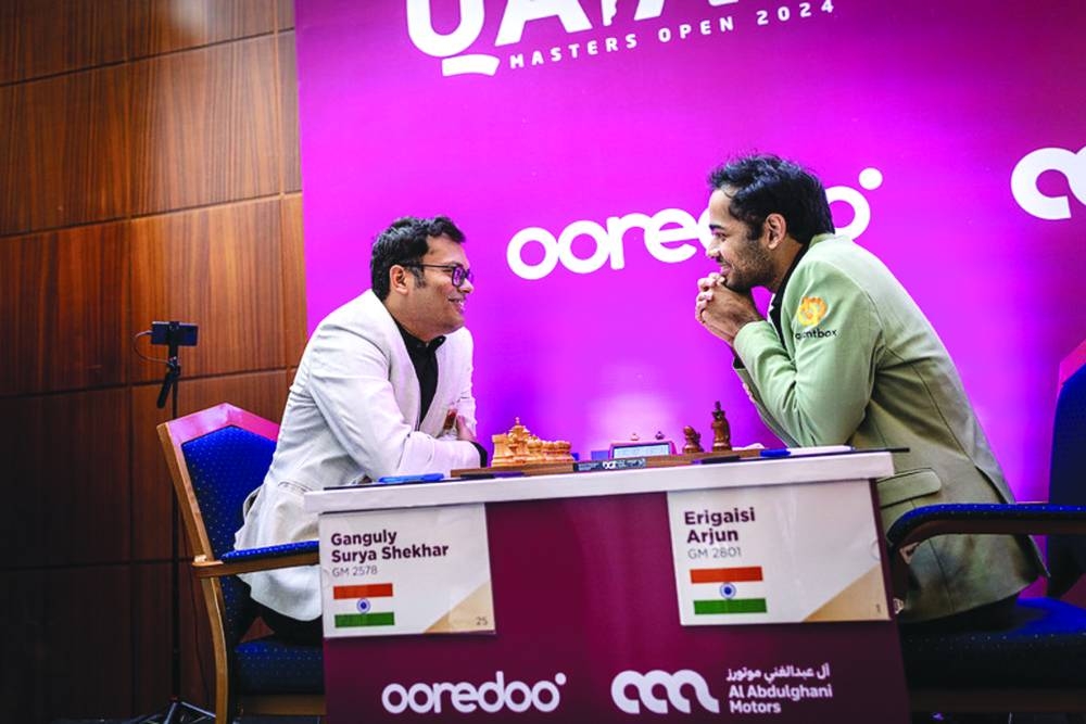 India’s Arjun Erigaisi (right) has four points after beating his compatriot Surya Shekhar Ganguly at the Qatar Masters Chess on Saturday. PICTURES: Anna Shtourman