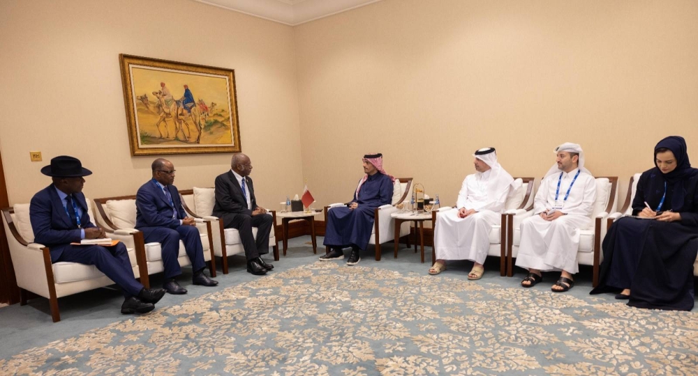 HE the Prime Minister and Minister of Foreign Affairs Sheikh Mohammed bin Abdulrahman bin Jassim al-Thani meets with the President of the 79th session of the UN General Assembly Philemon Yang.