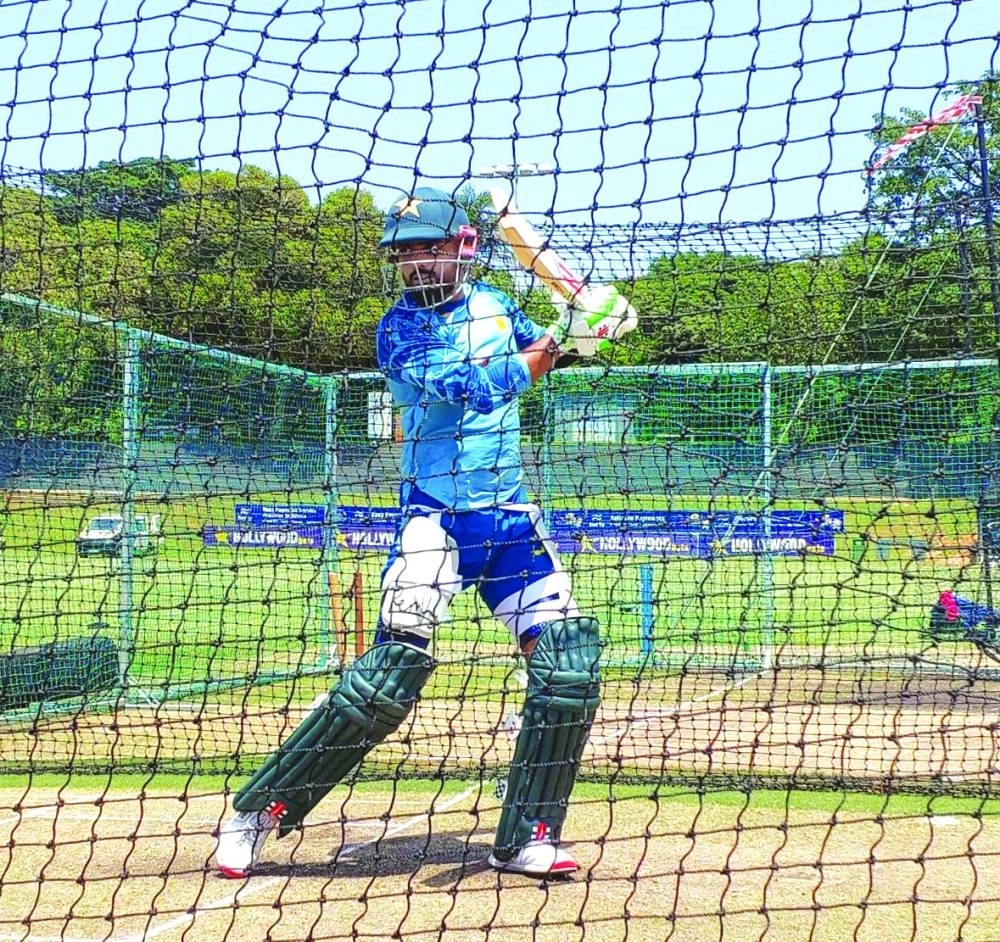 Pakistan’s Babar Azam bats in the nets during a training session in Durban on Monday. (@TheRealPCB)