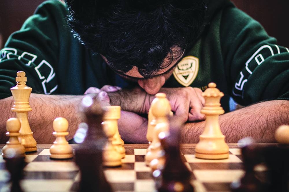 
India’s Nihal Sarin ponders his next move against compatriot B Adhiban. 