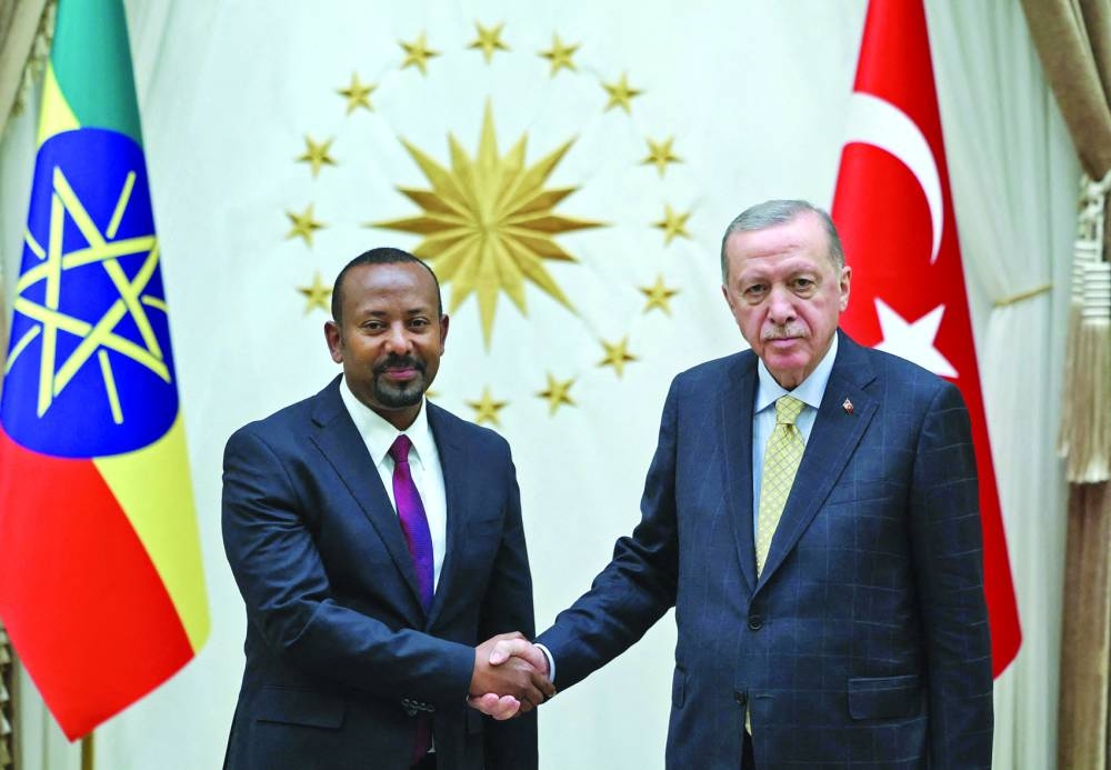 
Handout photographs show Turkish President Recep Tayyip Erdogan greeting Ethiopia’s Prime Minister Abiy Ahmed and Somali President Hassan Sheikh Mohamud (below) at the Presidential Palace 
in Ankara. 