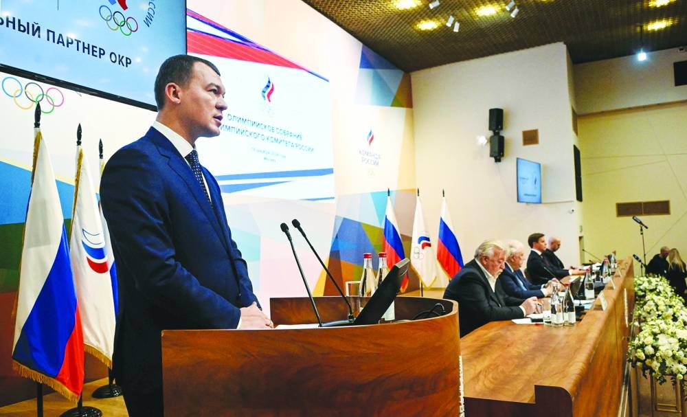 
Russian Sports Minister Mikhail Degtyarev delivers a speech during the Olympic Assembly of Russia in Moscow yesterday. (AFP) 