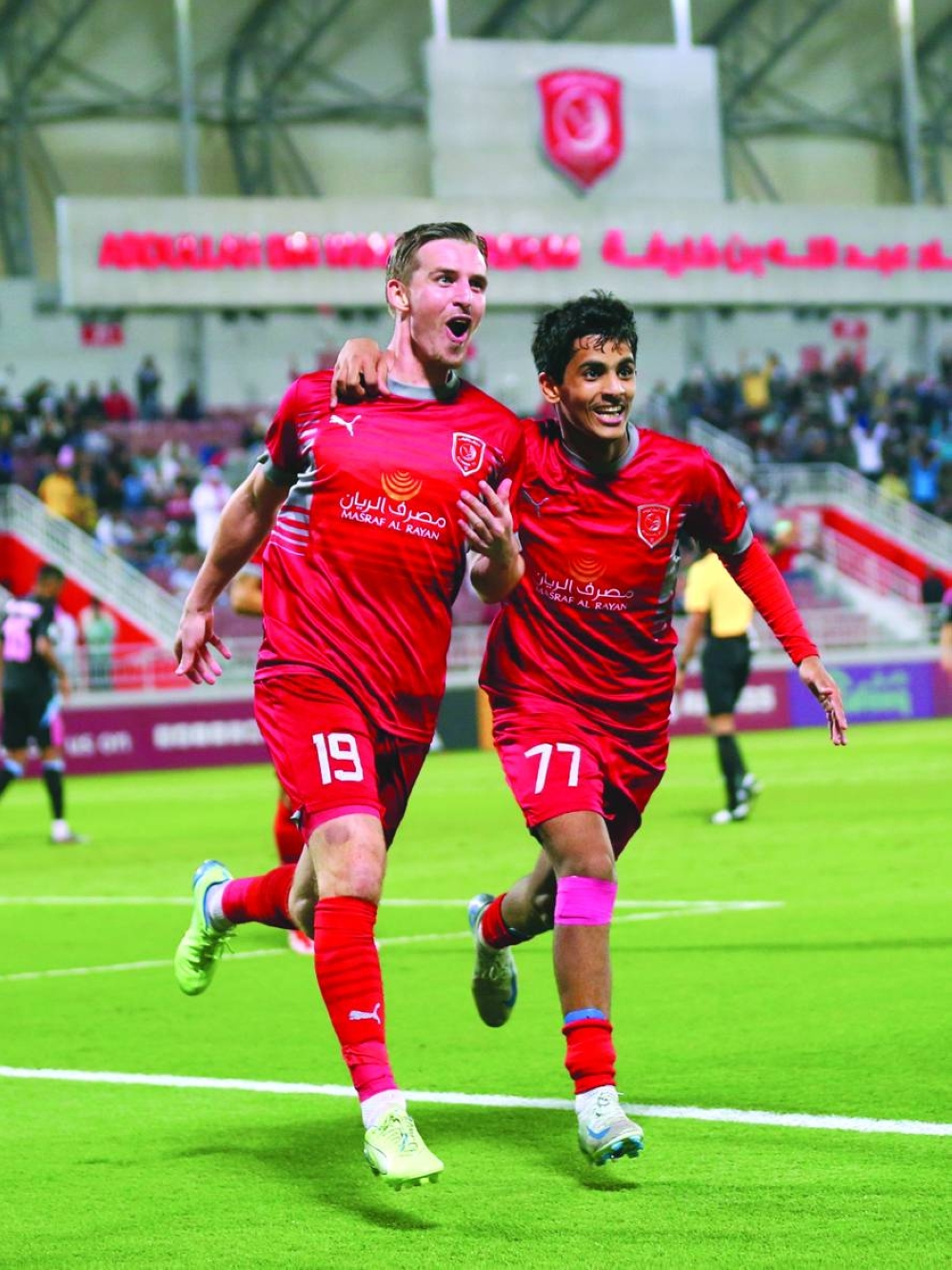 
Al Duhail’s Benjamin Bourigeaud (left) celebrates with Ghanem al-Minhali after scoring against Al Wakrah at the Abdullah Bin Khalifa Stadium. 