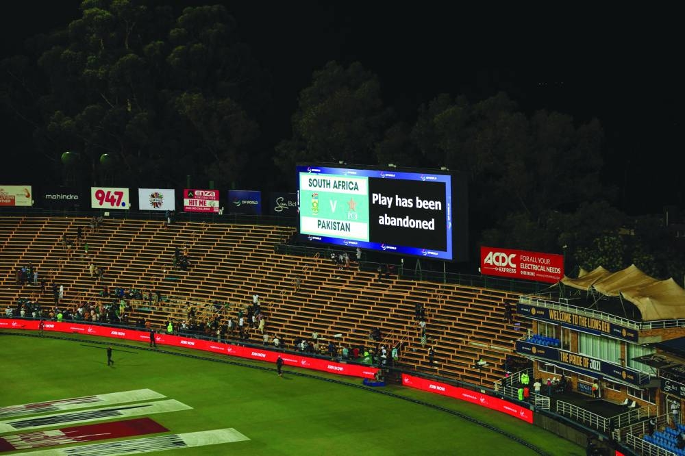 A general view of the electronic board displaying the message “play has been abandoned” due to bad weather during the third T20I between South Africa and Pakistan at Wanderers stadium in Johannesburg on Saturday. (AFP)