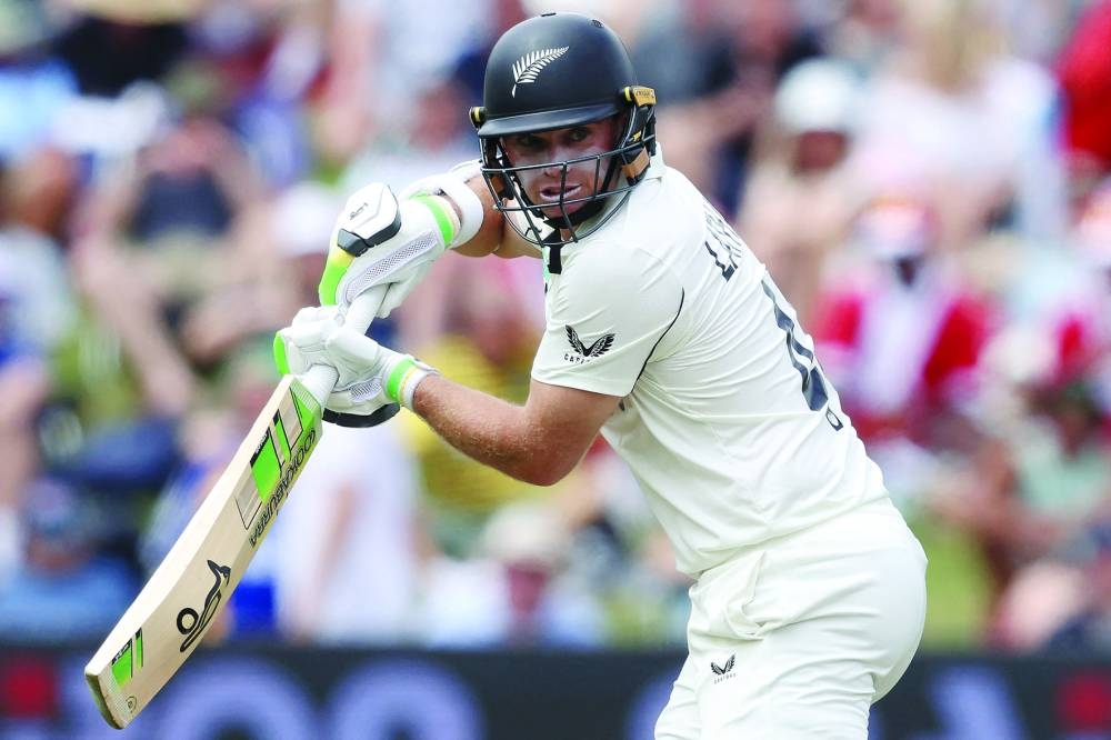 New Zealand’s Tom Latham bats on the first day of the third Test against England at Seddon Park in Hamilton on Saturday. (AFP)