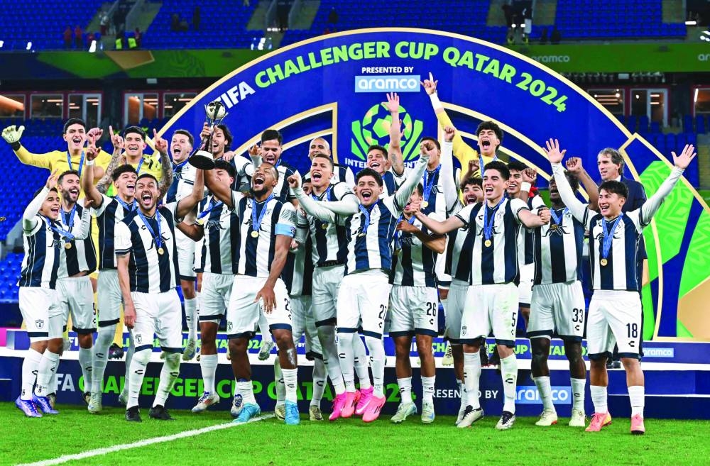 Pachuca’s players celebrate after winning the FIFA Challenger Cup match against Egypt’s Al Ahly at Stadium 974 in Doha on Saturday.