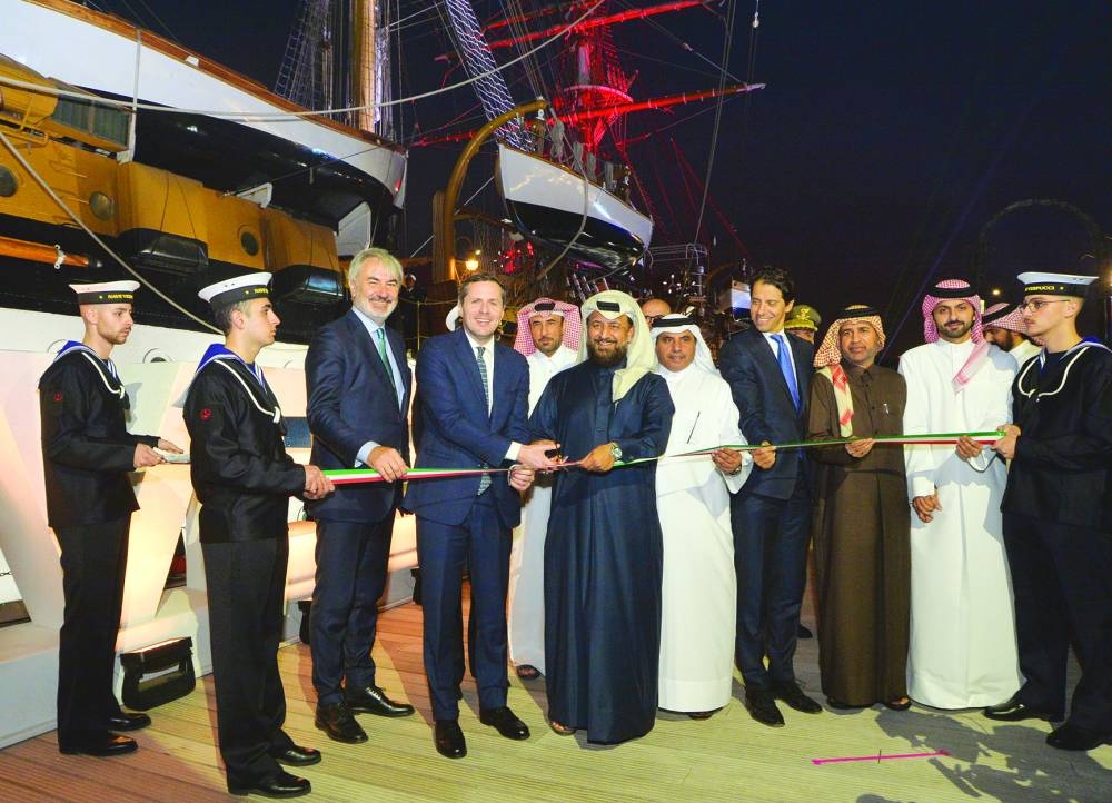 (From left) Luca Andreoli, Matteo Perego di Cremnago, Captain Giuseppe Lai, HE Maj Gen (Sea) Abdullah bin Hassan al-Sulaiti, HE Maj Gen Rashid Ali al-Qashouti, Paolo Toschi, and Prof Dr Khalid bin Ibrahim al-Sulaiti at the event opening Tuesday at Old Doha Port. PICTURES: Shaji Kayamkulam