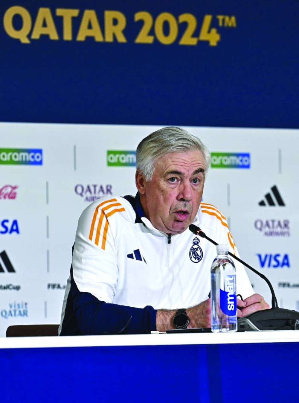 
Real Madrid coach Carlo Ancelotti speaks at a press conference in Lusail.  