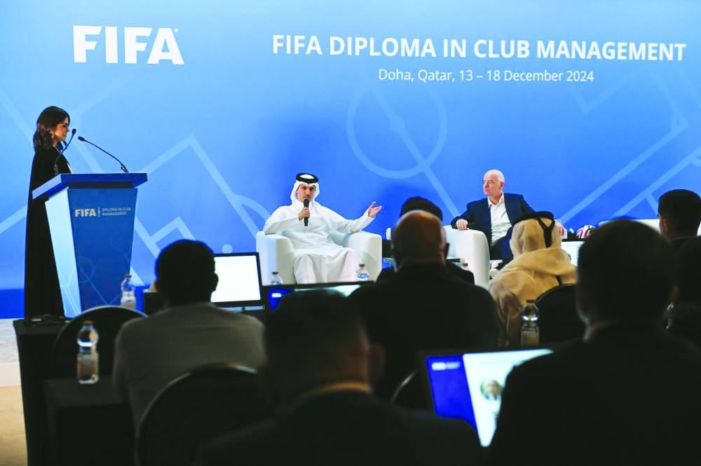 Gianni Infantino, President of FIFA, and Jassim bin Rashid al-Buenain, President of Qatar Football Association and QSL, during the third edition of FIFA Diploma in Club Management in Doha.  