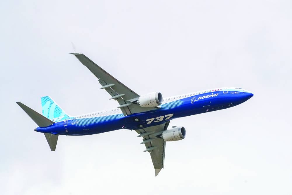 A Boeing B737-10 Max aircraft during a flight demonstration at the Paris Air Show in Le Bourget, Paris.