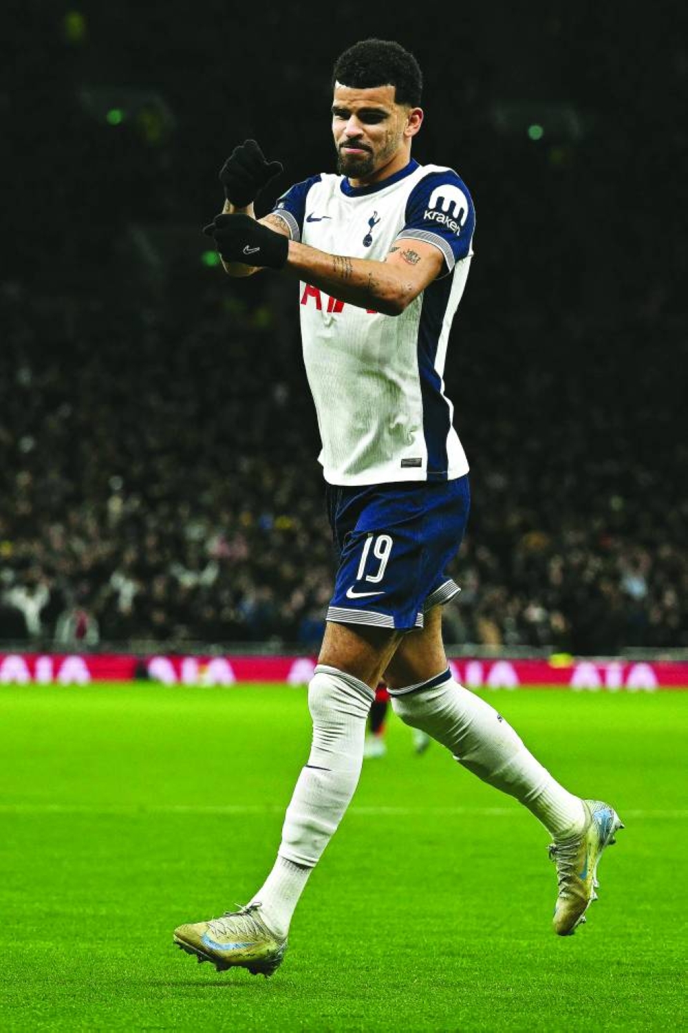 
Tottenham Hotspur’s striker Dominic Solanke celebrates scoring the opening goal during the English League Cup quarter-final against Manchester United in London. (AFP) 