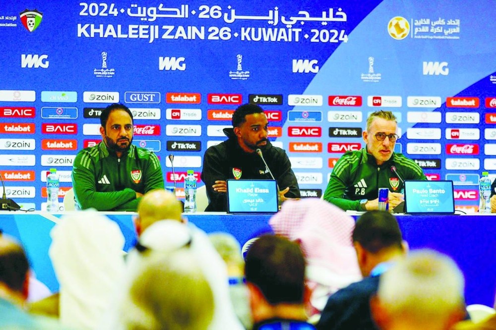 UAE coach Paulo Bento (right) and team captain Khalid Eissa during a news conference in Kuwait City on Friday.