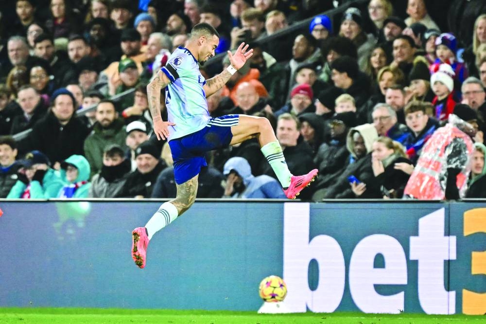 Arsenal’s Brazilian striker Gabriel celebrates after scoring his team’s second goal against Crystal Palace in London on Saturday. (AFP)