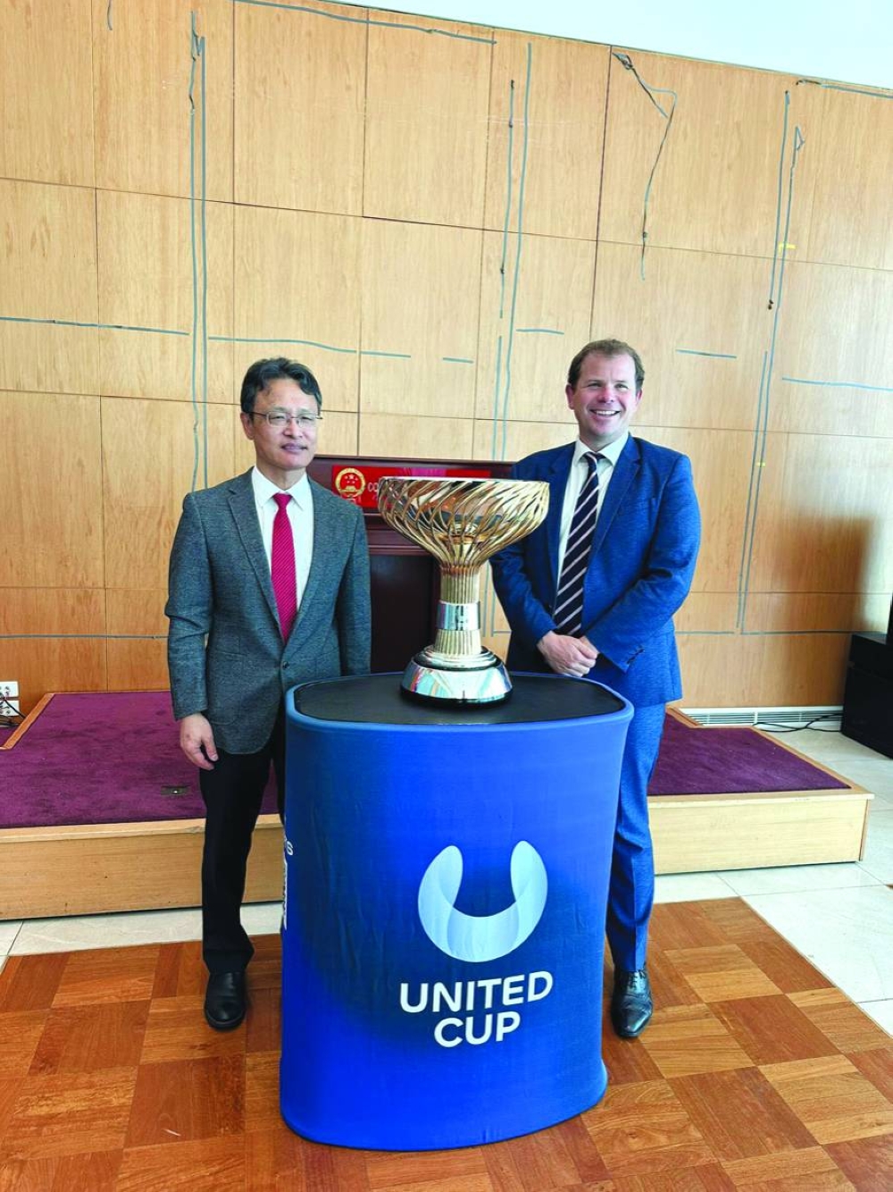 
Stephen Farrow (right), Tournament Director of United Cup, during a trophy tour in Sydney in this November 5, 2024 file photo.  