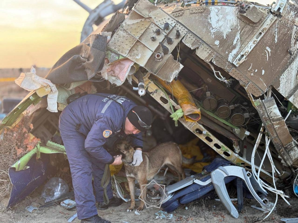An emergency specialist with a dog works at the crash site of an Azerbaijan Airlines' Embraer passenger plane near the city of Aktau, Kazakhstan, on Thursday. Ministry/Handout via REUTERS