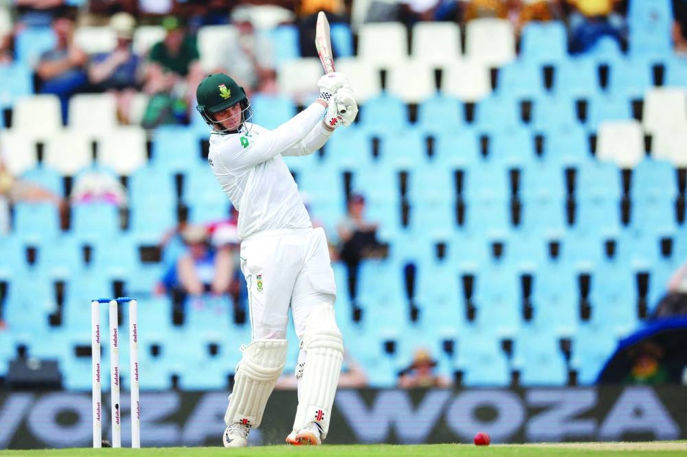 South Africa’s Corbin Bosch plays a shot during the second day of the first Test against Pakistan in Centurion on Friday. (AFP)