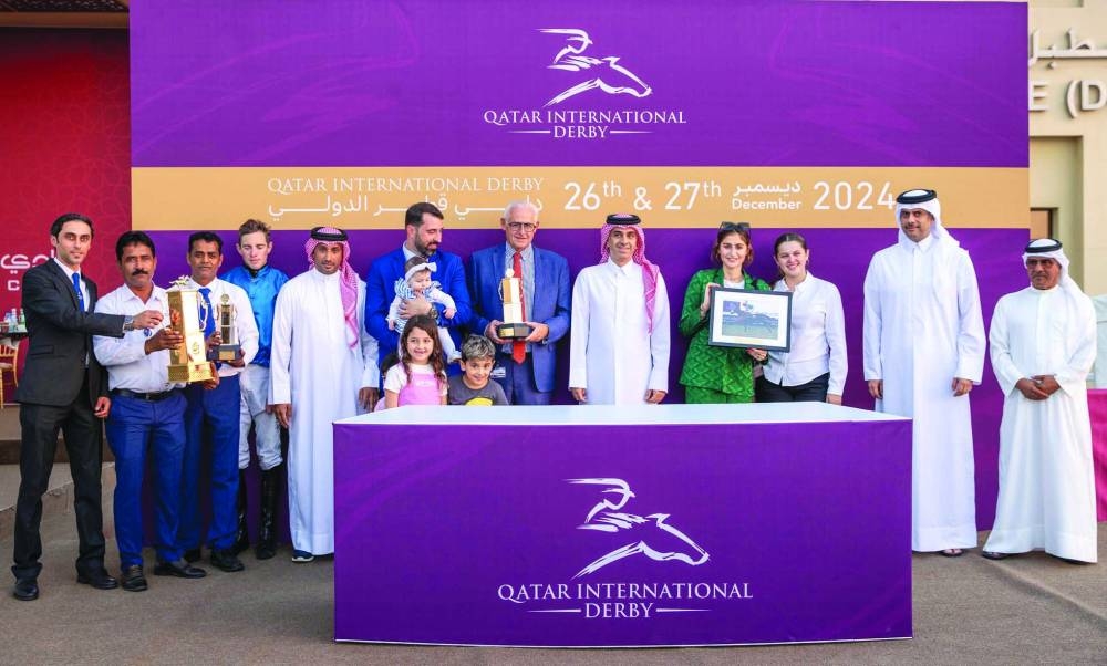 Engineer Yasser bin Abdullah bin Ahmed al-Jamal, Undersecretary of the Ministry of Sports and Youth, presented the trophies to connections of Wathnan Racing’s Supercooled, which won the QA Gr 1 Qatar Derby at the Qatar Racing and Equestrian Club’s Al Uqda Racecourse’s turf on Friday. PICTURES: Juhaim