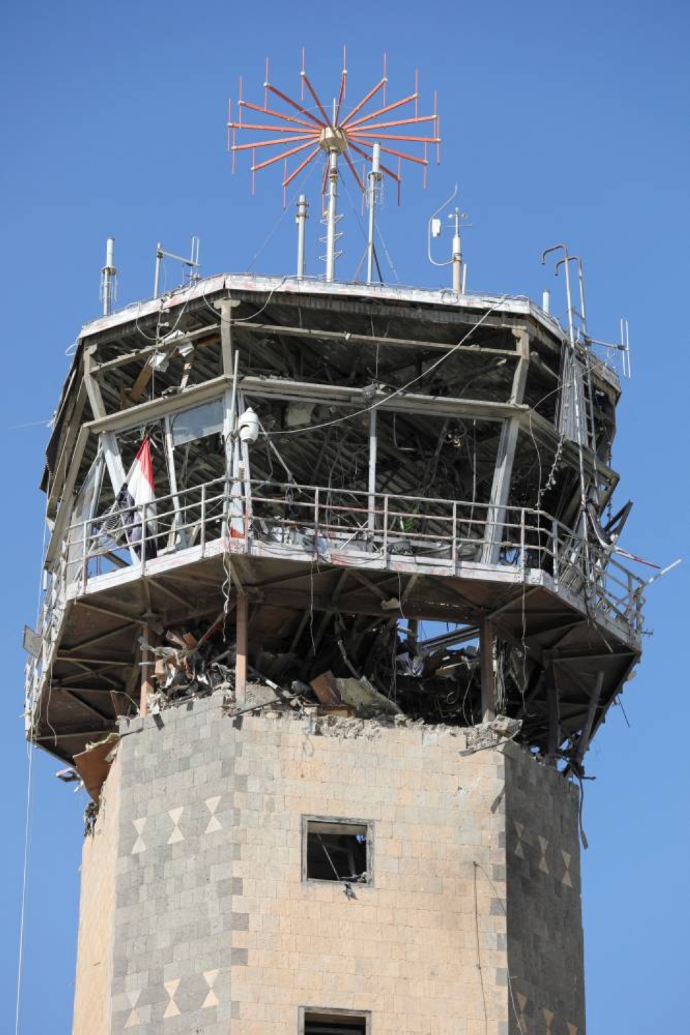 A view of the damaged control tower of Sanaa Airport, one day after Israeli airstrikes hit the airport, in Sanaa, Yemen, on Friday. REUTERS