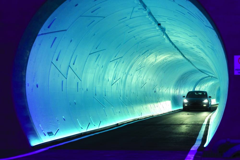 
A Tesla Inc electric vehicle passes through an underground tunnel at the Boring Co Convention Center Loop in Las Vegas. (Bloomberg) 
