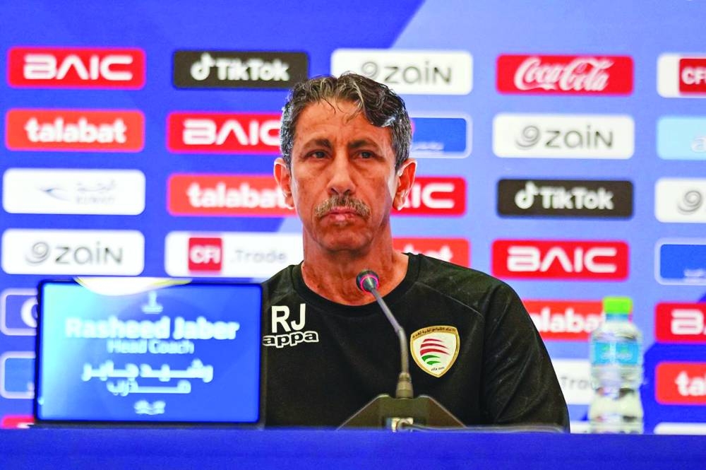 Oman head coach Rasheed Jaber address a press conference in Kuwait City on Monday.