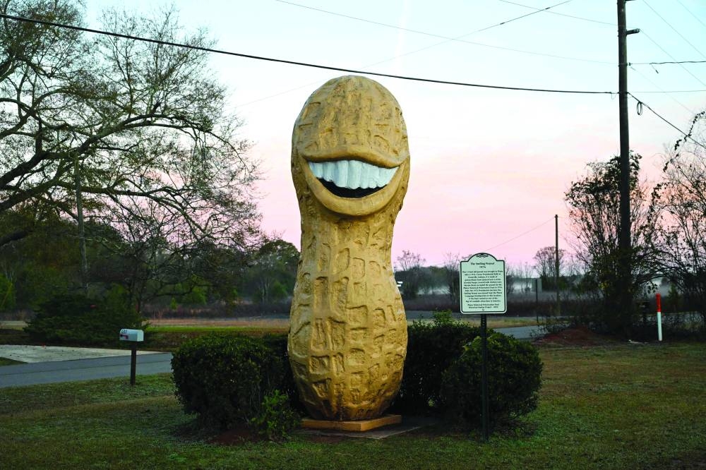 A statue of a peanut in honor of former US President Jimmy Carter, who was a peanut farmer, stands in Plains, Georgia, US, on December 30, 2024. Jimmy Carter, the 100-year-old former US president and Nobel peace laureate who rose from humble beginnings in rural Georgia to lead the nation from 1977 to 1981, has died, his nonprofit foundation said December 29. (Photo by Alex Wroblewski / AFP)