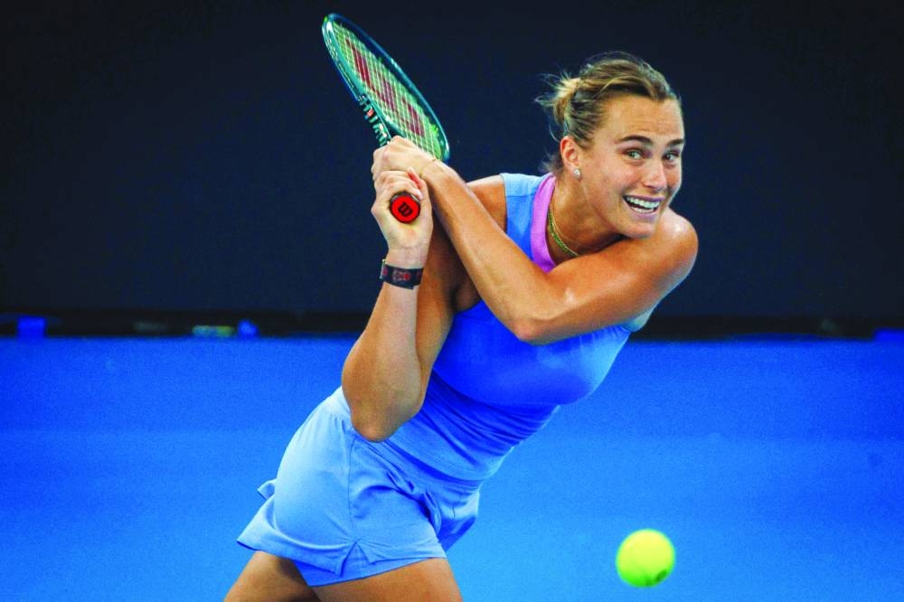 Belarus’ Aryna Sabalenka hits a return against Mexico’s Renata Zarazua in Brisbane on Tuesday. (AFP)