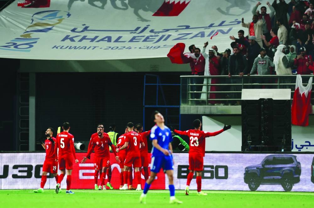 
Bahrain’s Mohamed Marhoon celebrates scoring against Kuwait. (Reuters) 