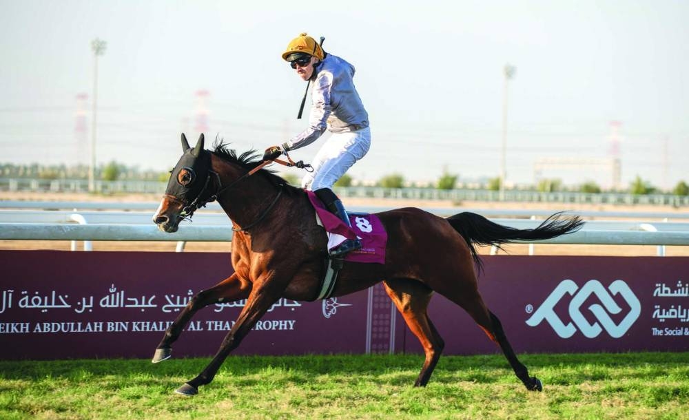Jockey Olivier d’Andigne celebrates after heading Al Wakrah to HH Sheikh Abdullah Bin Khalifa Al Thani Cup victory on Thursday.