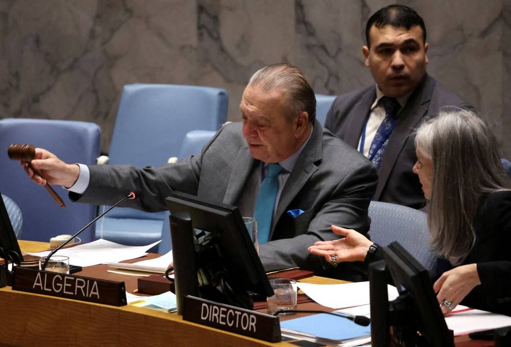 Algerian Foreign Minister Ahmed Attaf chairs the first meeting of the UN Security Council of 2025 on the situation in the Middle East including the Palestinian question at UN headquarters in New York City, Friday.