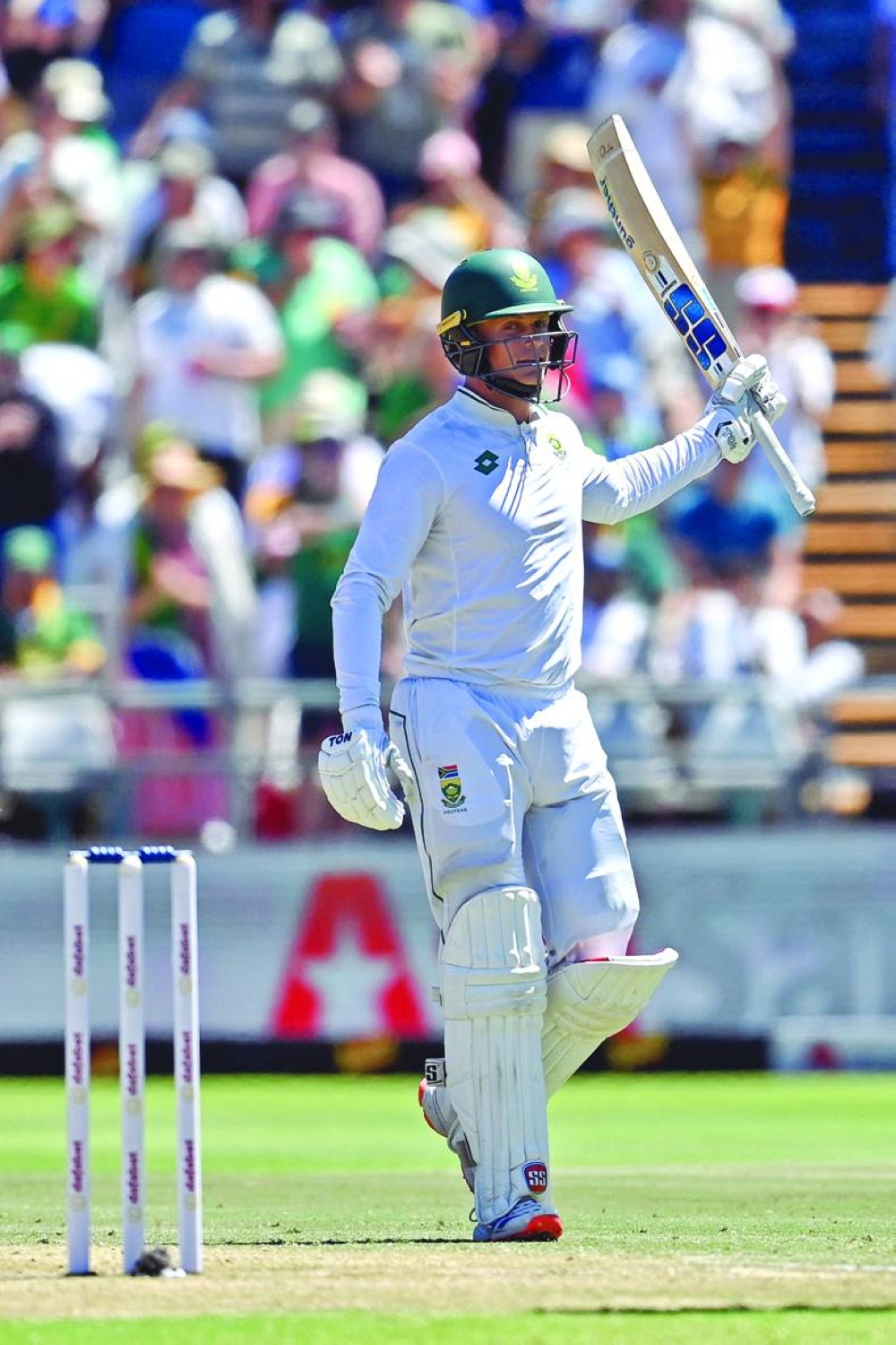 South Africa’s Ryan Rickelton celebrates after scoring 250 runs during the second day of the second Test against Pakistan at Newlands stadium in Cape Town on Saturday. (AFP)