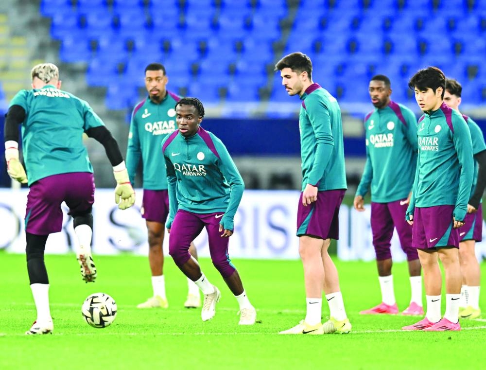 Paris Saint-Germain players take part in a training session at the Stadium 974 in Doha on Saturday, on the eve of their Trophee des Champions final against AS Monaco. PICTURES: Noushad Thekkayil