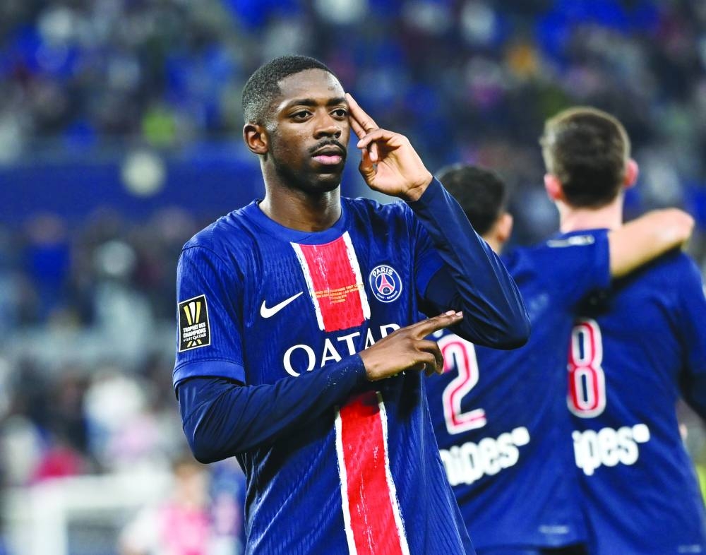 
PSG’s Ousmane Dembele celebrates after scoring the winner yesterday. 