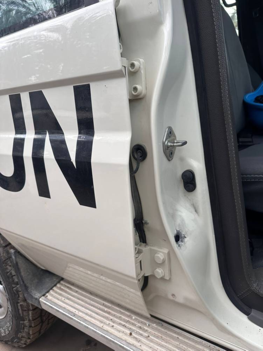 A picture being shared on social media that shows the bullet marks on a World Food Programme vehicle that was part of an aid convoy in Gaza Monday. 