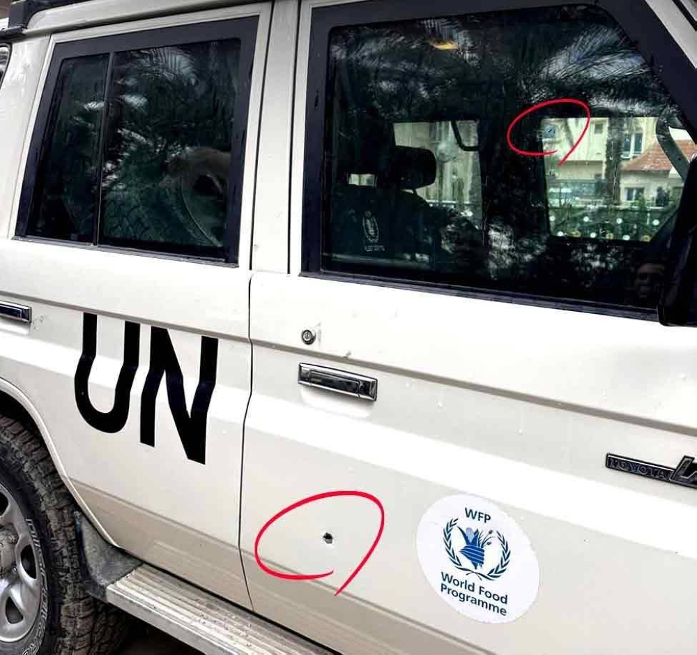 A picture being shared on social media that shows the bullet marks on a World Food Programme vehicle that was part of an aid convoy in Gaza Monday.