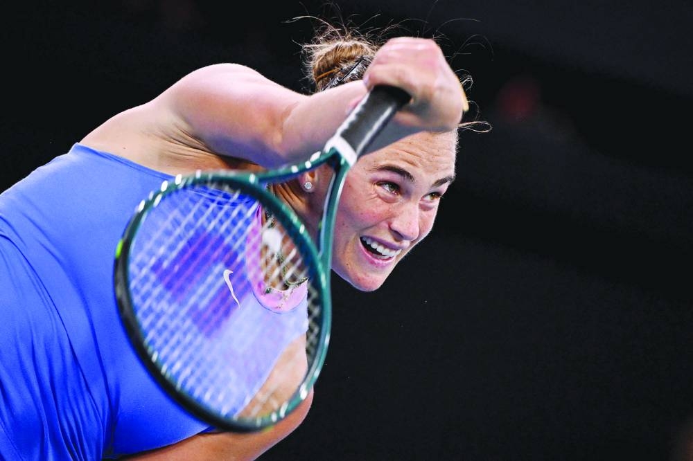 
Belarus’ Aryna Sabalenka serves against Russia’s Polina Kudermetova during their final at the Brisbane International in Brisbane. (AFP)  