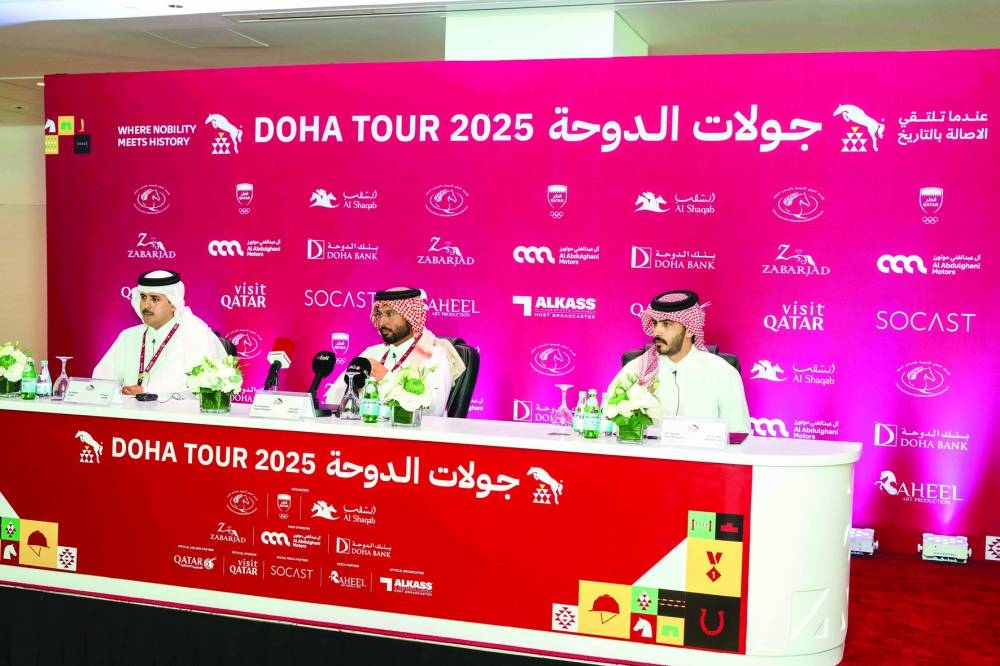 Doha International Equestrian Tour 2025 Event Director Mohammed Jaber al-Khayarin, Sports Director Nasser Mubarak al-Hajri and Director of Marketing and Communications Abdullah al-Qashouti address a press conference at Al Shaqab on Wednesday.