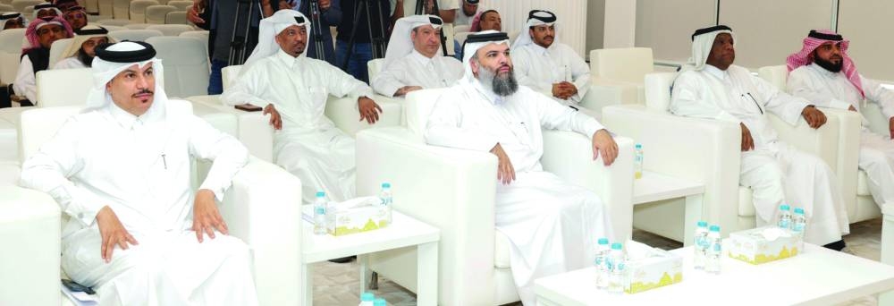 HE the Awqaf undersecretary Sheikh Dr Khalid bin Mohammed bin Ghanem al-Thani and officials from Awqaf and the Ministry of Education and Higher Education attending the press conference.