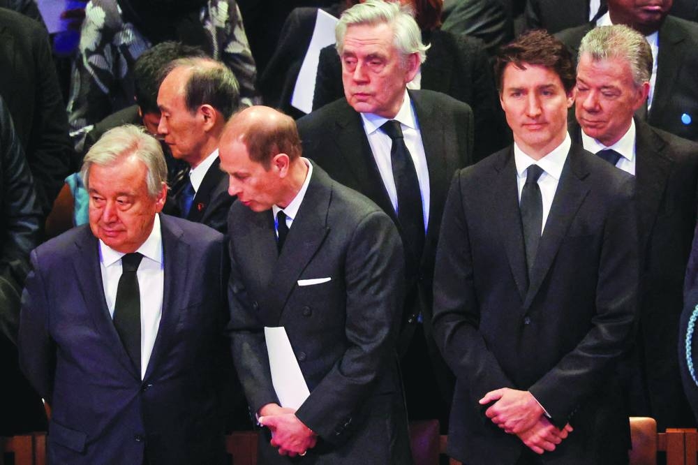 
Canadian Prime Minister Justin Trudeau, UN Secretary-General Antonio Guterres, Britain’s Prince Edward and former UK prime minister Gordon Brown attend a service, on the day of the state funeral for former US president Jimmy Carter, at the Washington National Cathedral in Washington. – Reuters 