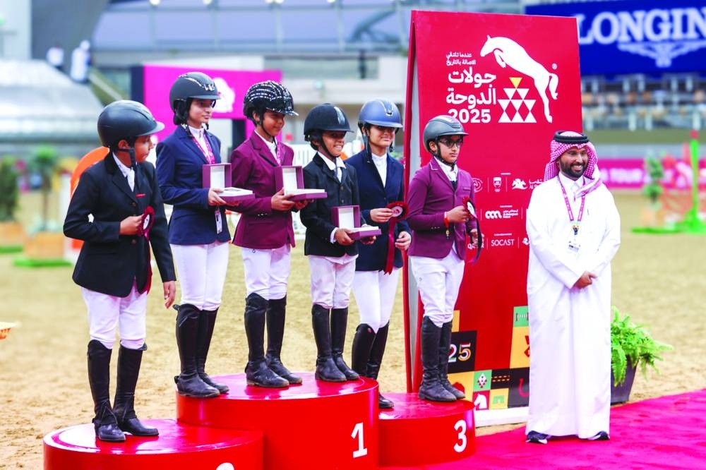
Future riders 60cm podium finishers Nasser Hamd al-Thani, Asmaa Ahmad al-Sulaiti, Salman Faisal al-Marri, Shaikha Mohamed al-Thani, Khalifa Joaan al-Thani and Mohammed Saleh al-Fadala were honoured by Doha Tour Event Director Mohammed Jaber al-Khayarin. 