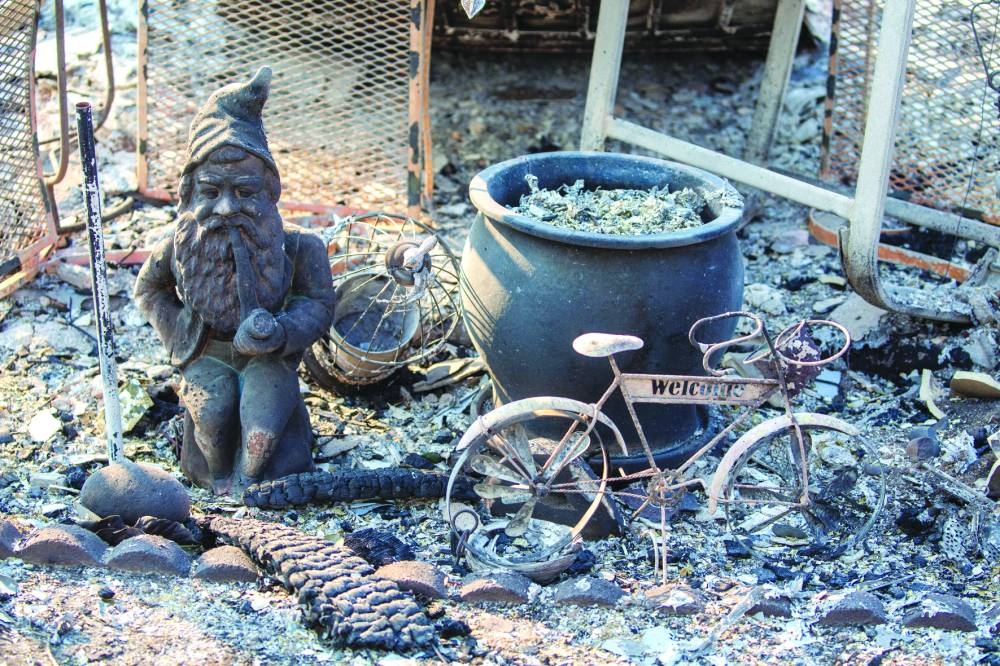 Yard decoration items sit on a structure damaged by the Eaton Fire in Altadena, California. REUTERS
